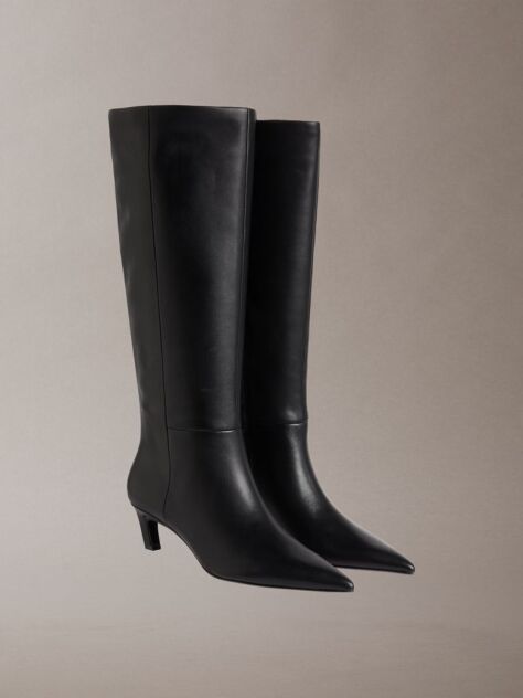 Black Leather Kitten Heel Tall Zip Boots  Women
