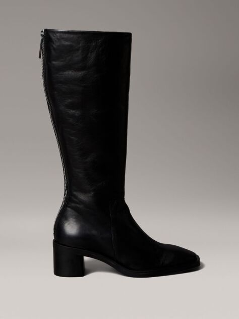 Black Leather Square Toe Zip Knee Boots  Women