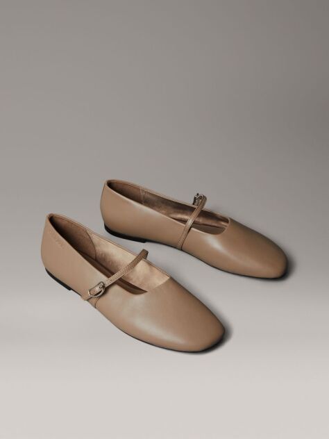Beige Leather Square Toe Ballerinas  Women