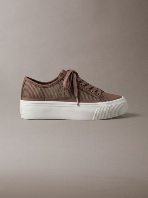 Brown Flat Lace-Up Striped Nylon Sneakers  Women