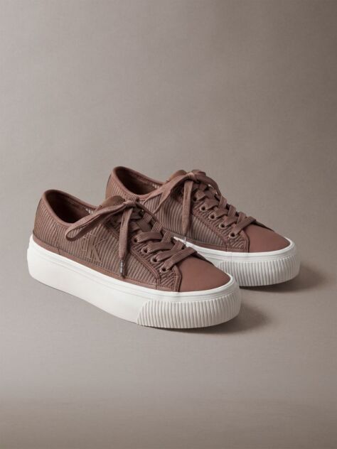 Brown Flat Lace-Up Striped Nylon Sneakers  Women