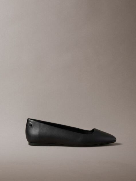 Black Leather Square Toe Ballerinas  Women