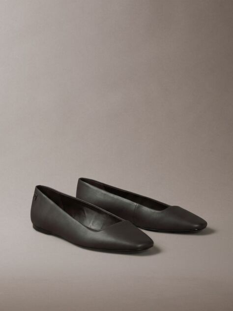 Black Leather Square Toe Ballerinas  Women