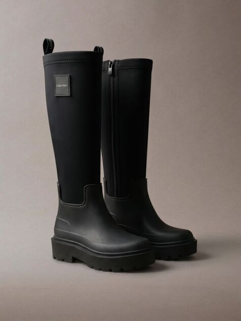 Black Knee-High Flexible Lug Sole Rainboots  Women
