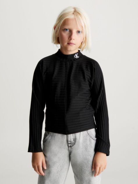 Black Fitted Ribbed Mock Neck Top  Girls