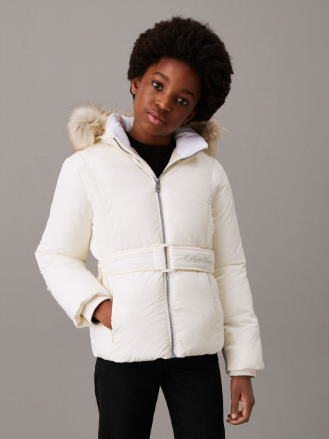 White Belted Puffer Jacket  Girls