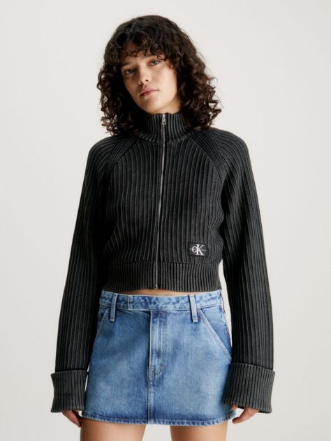 Black Ribbed Cotton Zip Up Cardigan  Women