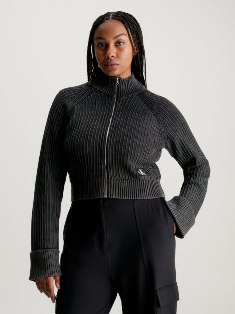 Black Ribbed Cotton Zip Up Cardigan  Women