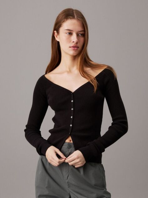Black Slim Ribbed Cotton Cardigan  Women