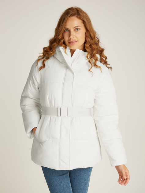 White Logo Belt Short Puffer  Women
