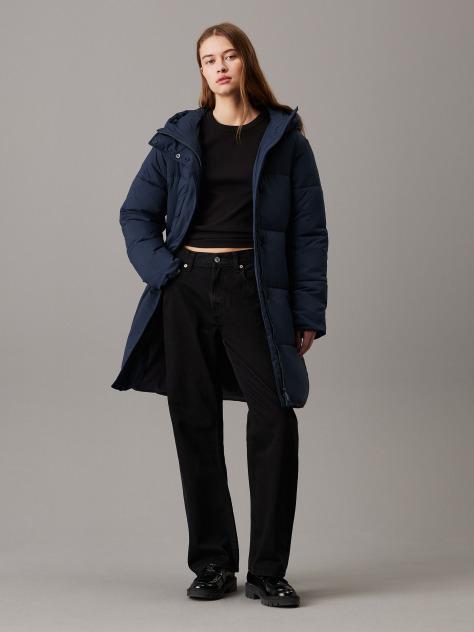 Blue Logo Belt Hooded Puffer Coat  Women
