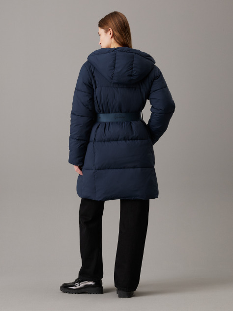 Blue Logo Belt Hooded Puffer Coat  Women