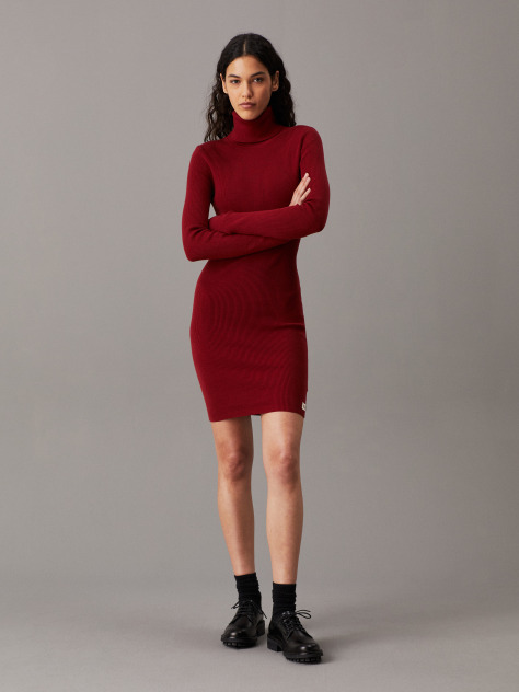Red Slim Ribbed Cotton Jumper Dress  Women