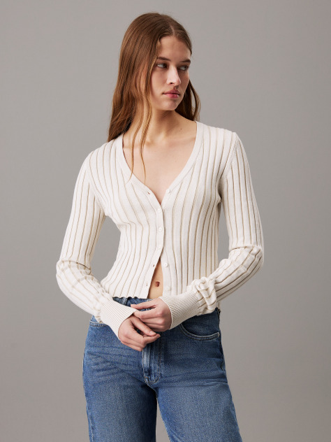White Slim Plated Cotton Cardigan  Women