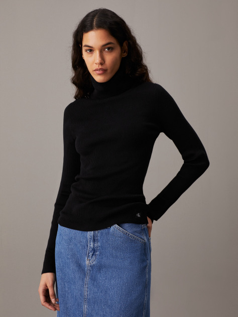 Black Slim Ribbed Roll Neck Jumper  Women