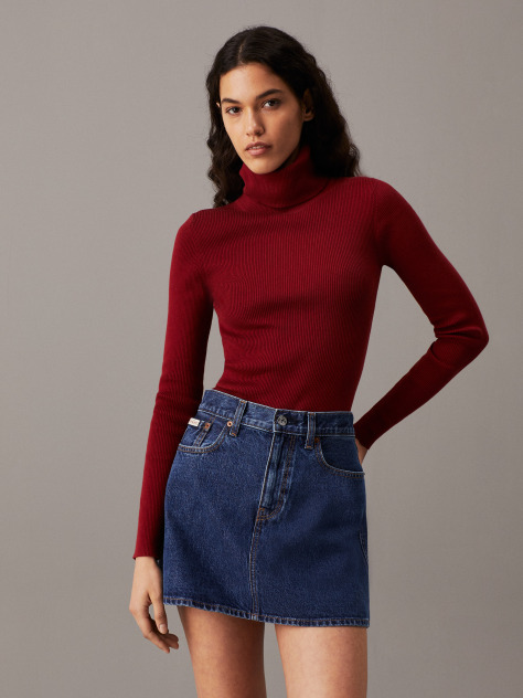 Red Slim Ribbed Roll Neck Jumper  Women
