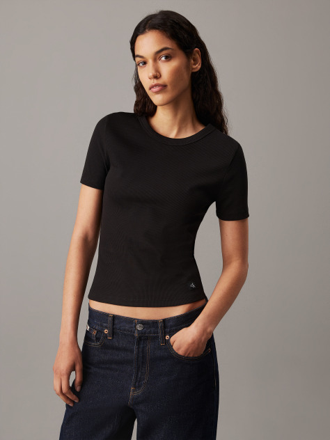 Black Slim Ribbed Cotton T-shirt  Women