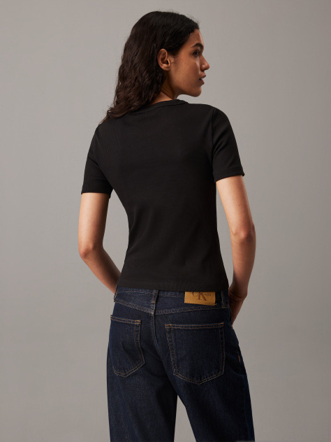 Black Slim Ribbed Cotton T-shirt  Women