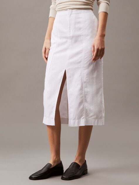 White Cotton Linen Twill Midi Skirt  Women