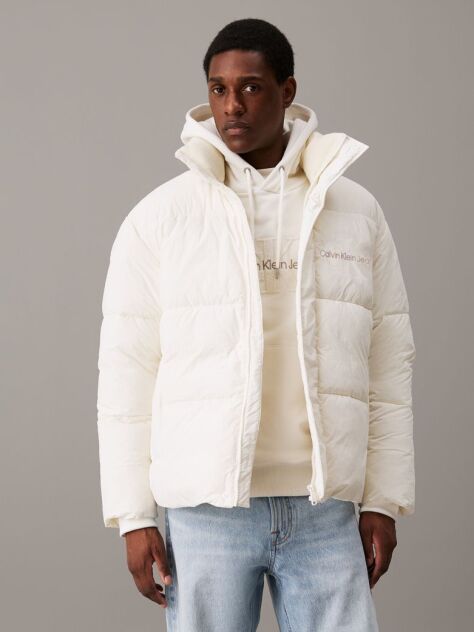 White Oversized Chenille Logo Puffer Jacket  Men