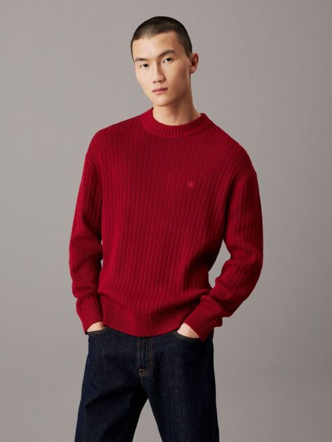 Red Relaxed Ribbed Cotton Jumper  Men