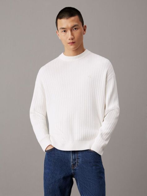 White Relaxed Ribbed Cotton Jumper  Men
