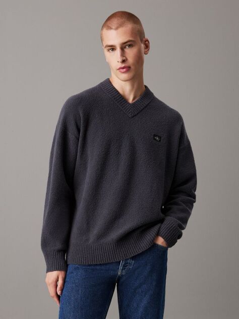 Black Cotton Bouclé V-Neck Jumper  Men