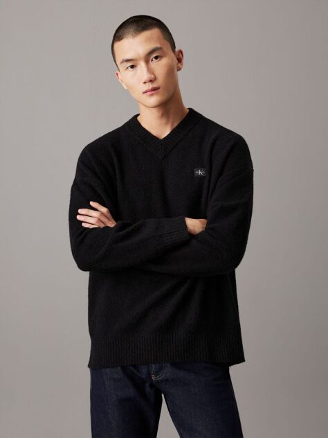 Black Cotton Bouclé V-Neck Jumper  Men