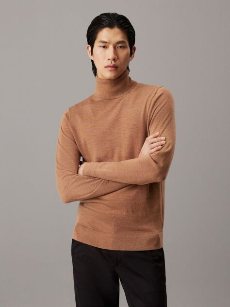 Brown Merino Wool Roll Neck Jumper  Men