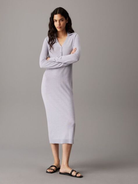 Grey Slim Merino Buttoned Shirt Dress  Women