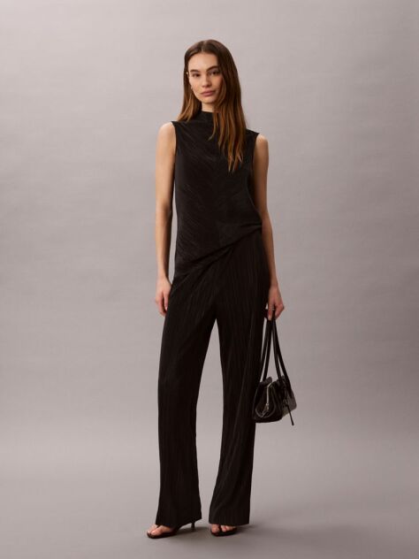 Black Plisse Pull On Trousers  Women