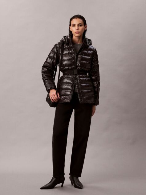 Black Lightweight Belted Puffer Jacket  Women