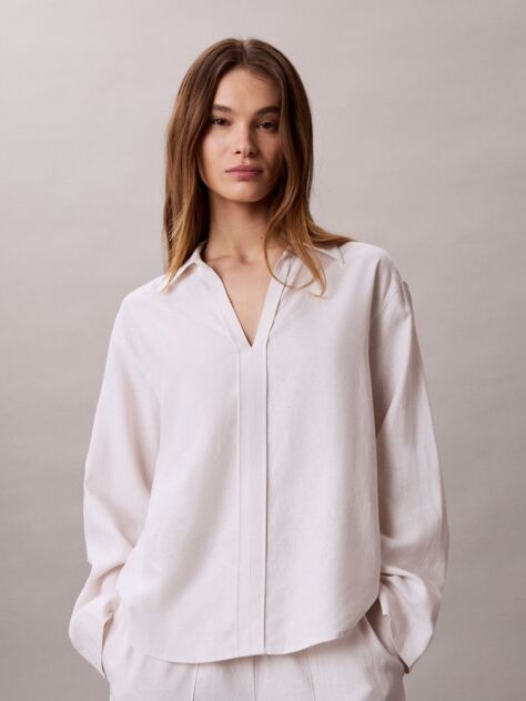 White Linen Blend Tunic Shirt  Women