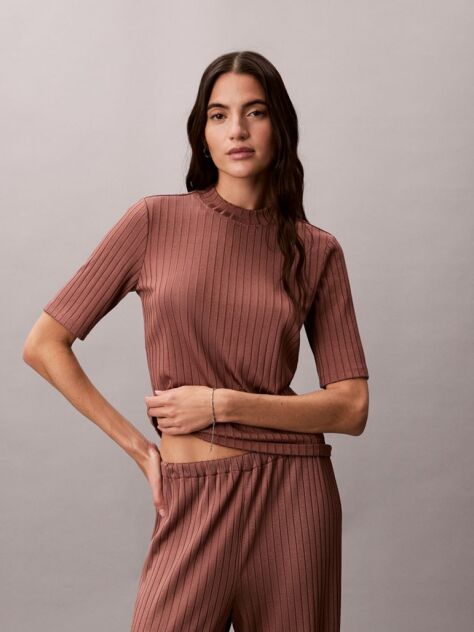 Brown Shiny Ribbed Mock Neck Top  Women