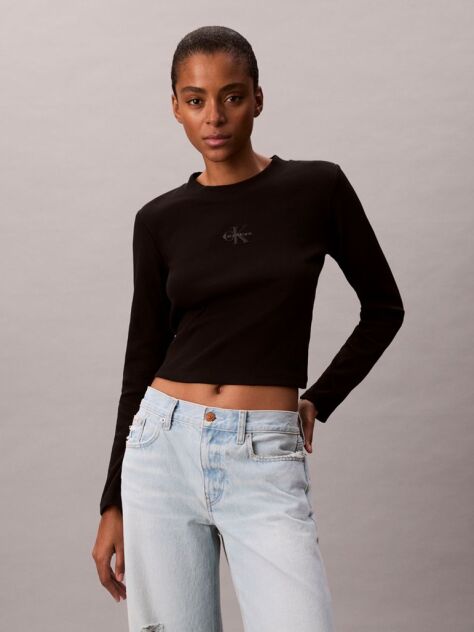 Black Monogram Logo Long Sleeve Baby Tee  Women