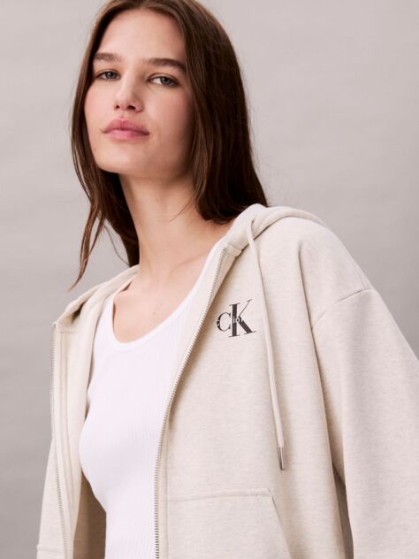Beige Monogram Logo Zip Hoodie  Women