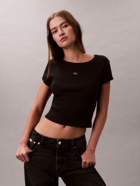 Black Slim Ribbed Cotton Badge T-shirt  Women