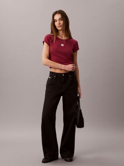Red Slim Ribbed Cotton Badge T-shirt  Women