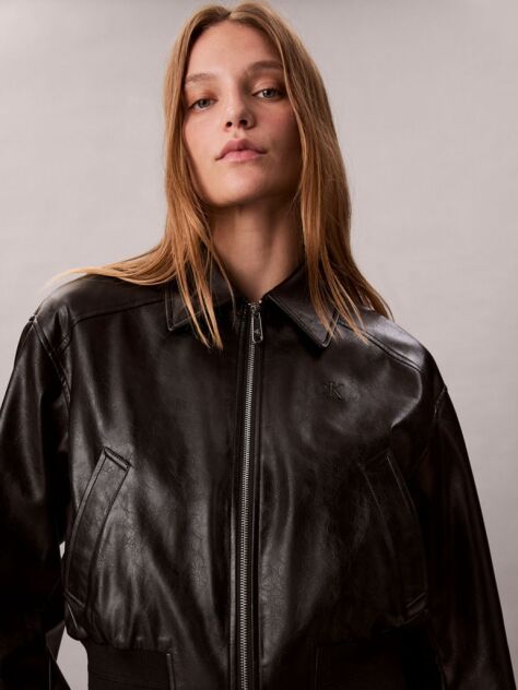 Black Faux Leather Cropped Bomber Jacket  Women