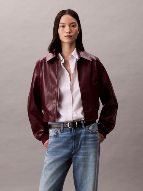 Red Faux Leather Cropped Bomber Jacket  Women