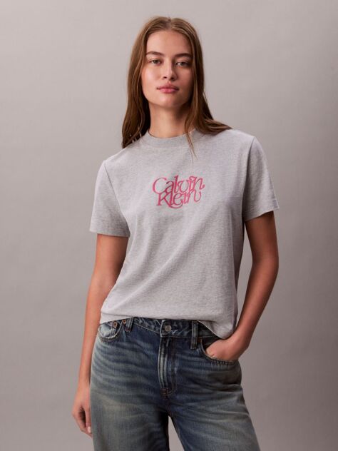 Grey Script Logo Graphic Slim T-Shirt  Women