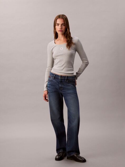 Grey Ribbed Cotton Long Sleeve Top  Women