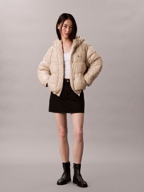 Beige High Shine Hooded Puffer Jacket  Women