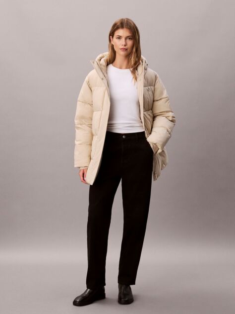 Beige Logo Belt Hooded Puffer Jacket  Women
