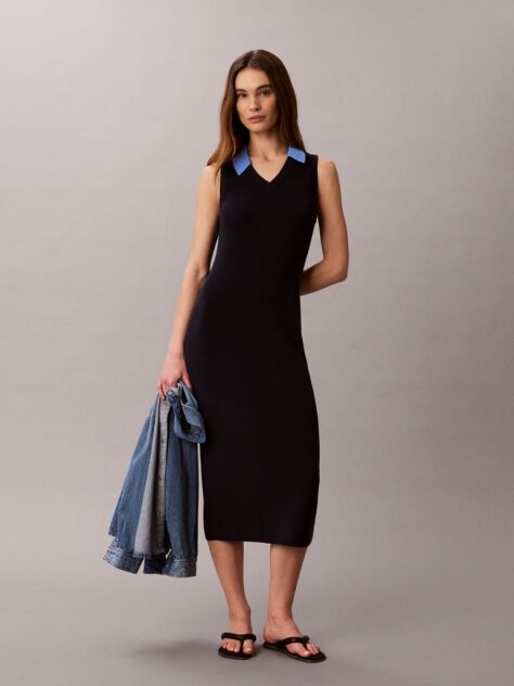 Blue Everyday style with effortless comfort. A sleeveless midi dress with a collar, designed for versatile styling. Stand out wherever you go  Women