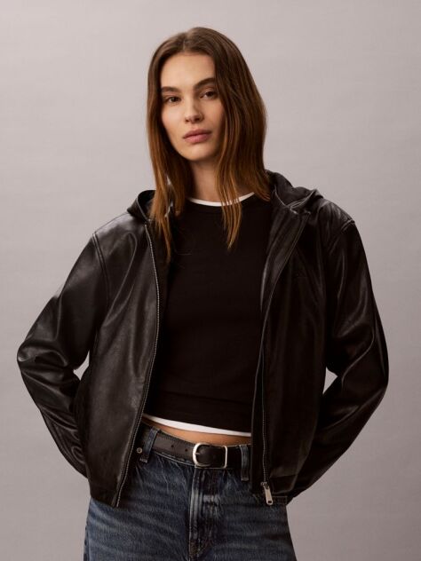 Black Faux Leather Hooded Jacket  Women