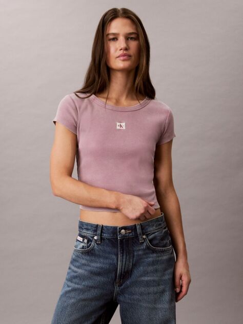 Ροζ Στενό Ριμπ T-shirt Από Βαμβάκι Με Επεξεργασία Washed  Γυναίκα
