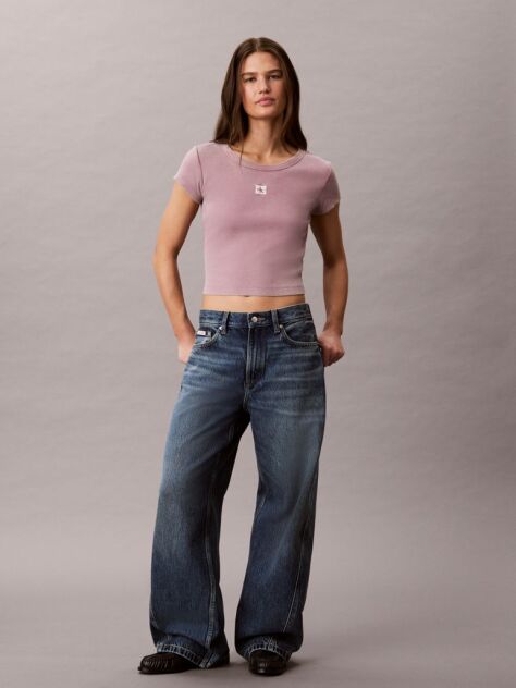 Ροζ Στενό Ριμπ T-shirt Από Βαμβάκι Με Επεξεργασία Washed  Γυναίκα