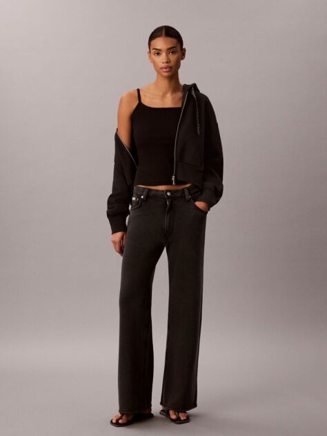 Black Cotton Terry Wide Leg Trousers  Women