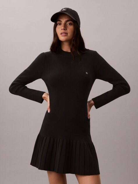 Black Ribbed Cotton Flared Mini Dress  Women